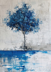 textured blue tree reflection grunge painting wallart