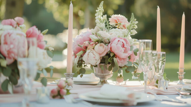 Beautifully set outdoor table with a bouquet of spring flowers and candles