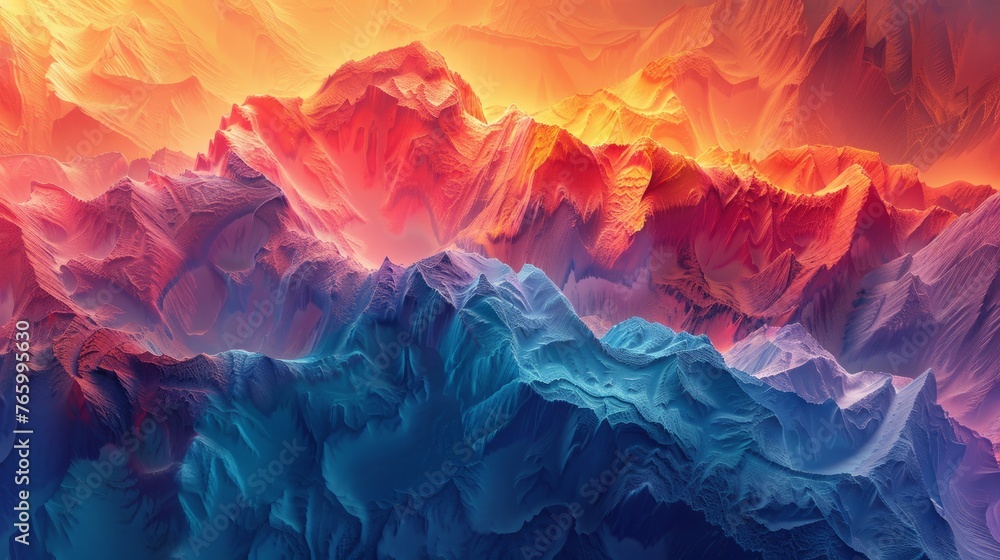 Poster abstract image of a mountain range bathed in neon colors. showcasing a combination of nature and fut