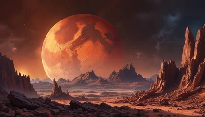 Papier Peint photo Brun A desert mountain landscape featuring a red moon or planet, possibly Mars, in the background.