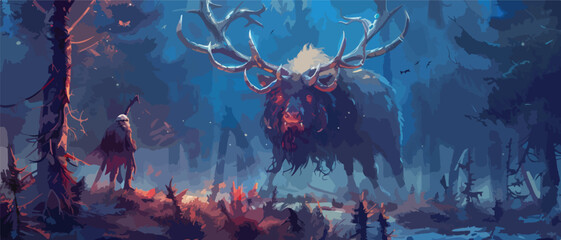 Fantasy elk creature hunted by evil goblin creatures - obrazy, fototapety, plakaty