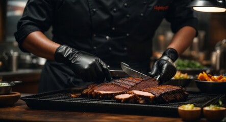 chef with gloves cook smoked pork ribs grilled in restaurant kitchen