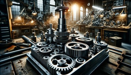 Engineering in detail, Close-up of gears and mechanical intricacies, set against the backdrop of a workshop