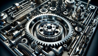 Detailed view of mechanical gears, emphasizing the beauty of engineering in a metallic, workshop environment