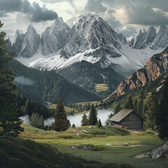 Serene Alpine Landscape with Majestic Mountains and Cozy Cabin - obrazy, fototapety, plakaty