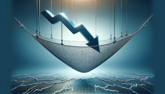 Macro shot of a safety net beneath a falling stock arrow, illustrating the concept of financial safeguards
