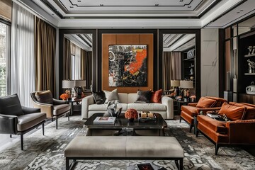 A luxuriously quiet living room, eschewing shiny mirrored glam for a blend of warm, collected accents, plush seating, soft rugs, and nuanced, layered lighting, creating a cozy interior. - obrazy, fototapety, plakaty