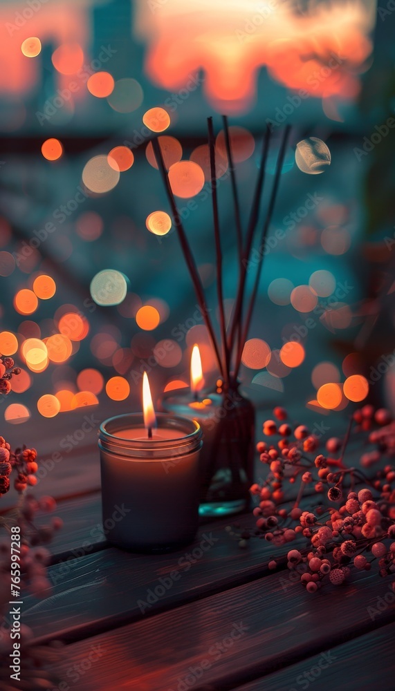 Poster tranquil spa ambiance lit candles and aromatic diffuser on table with soft focus background