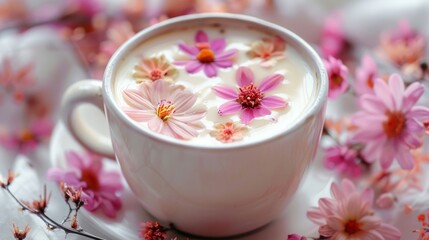 Fototapeta na wymiar A magical cup of coffee or tea with beautiful flowers. 