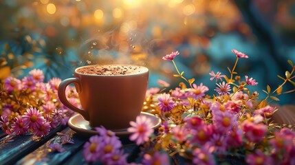A magical cup of coffee or tea with beautiful flowers.  - obrazy, fototapety, plakaty