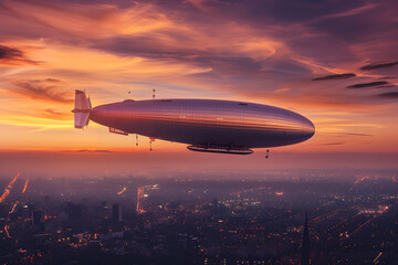 Fototapeta na wymiar The Majestic JZ Zeppelin Illuminated Over a Radiant Cityscape During Sunset: A Stunning Blend of Technological Marvel and Urban Charm