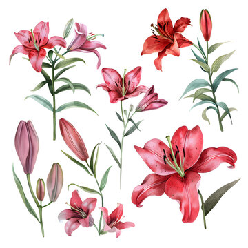 Elegant lilies, set of red and pink flowers on an isolated white background, watercolor illustration
