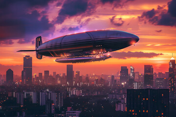 The Majestic JZ Zeppelin Illuminated Over a Radiant Cityscape During Sunset: A Stunning Blend of Technological Marvel and Urban Charm - obrazy, fototapety, plakaty