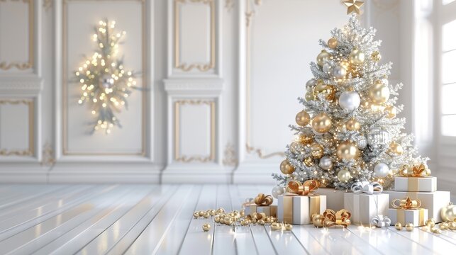 Golden baubles adorn christmas tree with gifts below on white holiday background