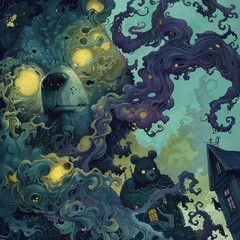 a painting of a bear with a house in the background