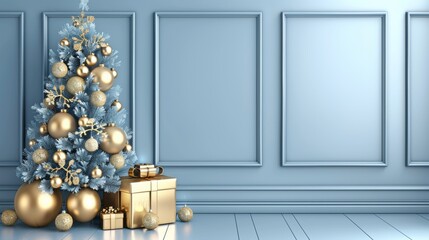 Golden baubles and gifts on elegant christmas tree with light blue holiday background