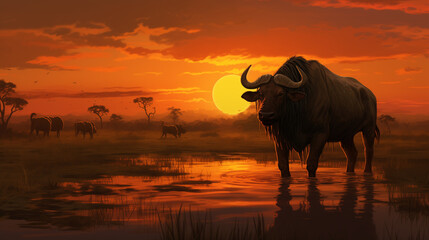 buffalo at sunset - obrazy, fototapety, plakaty