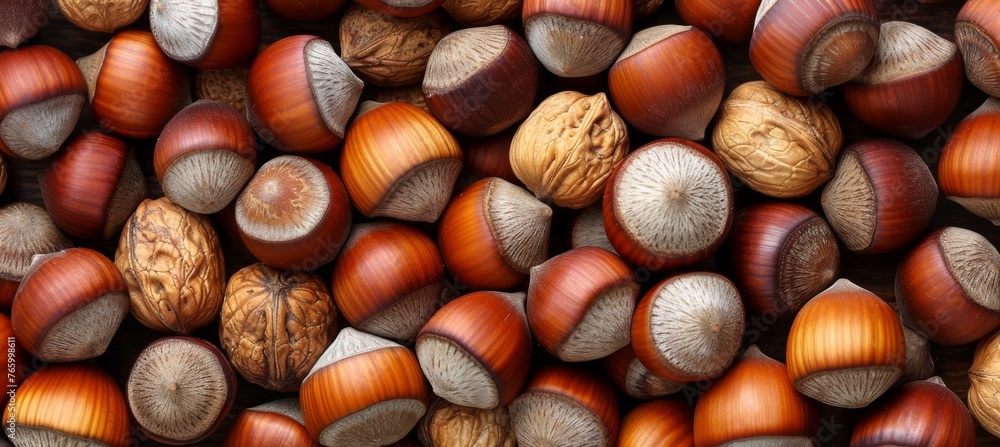 Poster assorted nuts creating a vibrant and diverse natural background with rich textures and colors
