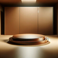 3D empty rounded caramel brown podium. 3D Stage for Cosmetic Product Showcase: Premium Podium Mockup for Product Launches and Displays. Mockup, Pedestal, and Platform. Studio Room