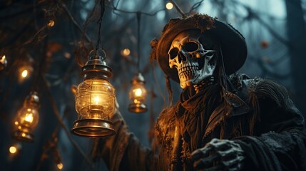 Halloween concept. The skeleton in a dark cloak with a lantern. Haunted Lantern Bearer - obrazy, fototapety, plakaty