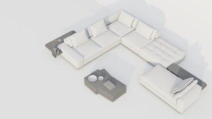 A white couch is placed in front of a white wall