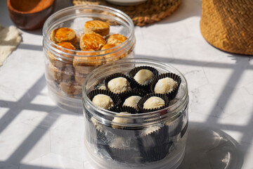 Popular cookies in Malaysia during celebration of Eid Mubarak (Hari Raya) on white background and selective focus.