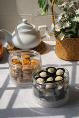 Popular cookies in Malaysia during celebration of Eid Mubarak (Hari Raya) on white background and selective focus.