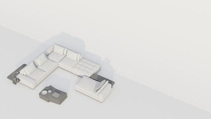 A white couch is placed in front of a white wall