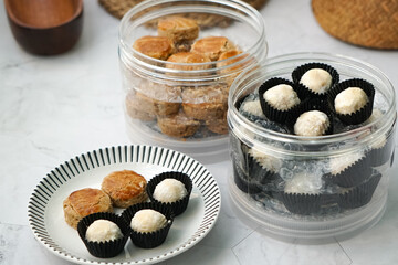 Popular cookies in Malaysia during celebration of Eid Mubarak (Hari Raya) on white background and selective focus.