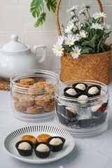 Popular cookies in Malaysia during celebration of Eid Mubarak (Hari Raya) on white background and selective focus.