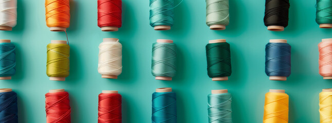 Assorted Sewing Thread Spools on Teal Background
