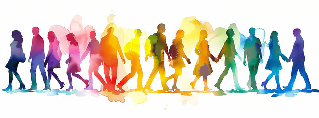 Colorful Silhouettes of People Walking on White Background
 - obrazy, fototapety, plakaty