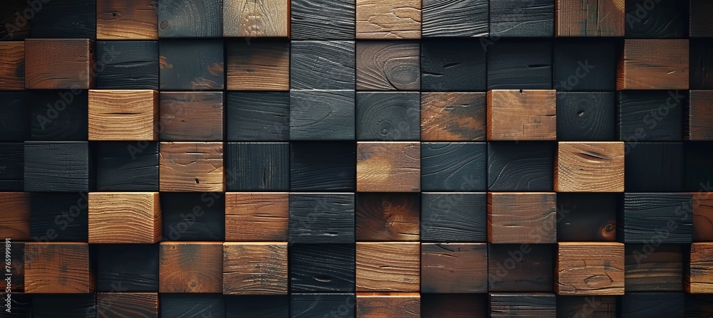 Poster rustic 3d cubes abstract block stack with textured backdrop, showcasing natural wood elements
