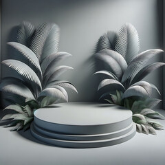3D empty rounded dove grey podium surrounded by palm leaves.3D Stage for Cosmetic Product Showcase: Premium Podium Mockup for Product Launches and Displays. Mockup, Pedestal, and Platform. Studio Room