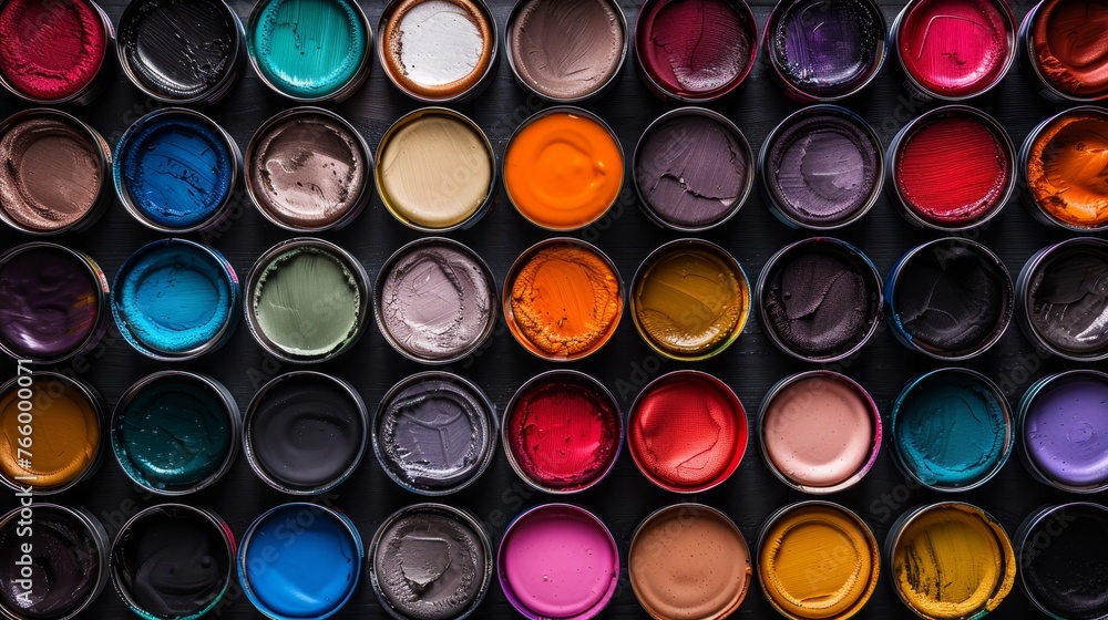 Poster assorted open paint cans on vibrant multicolored background for creative art projects