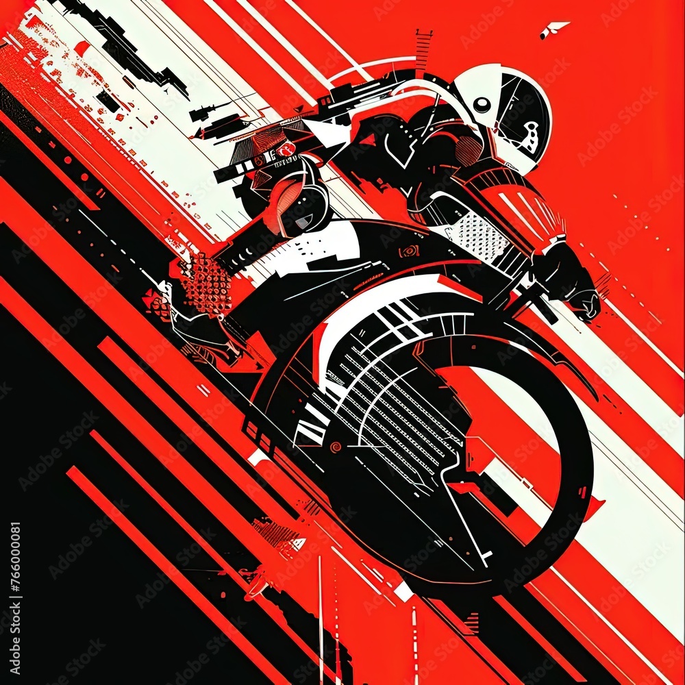 Poster a man riding a motorcycle on a red and black background