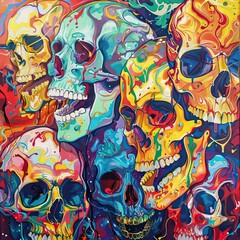 Fototapeta premium a painting of a group of colorful skulls