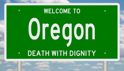 Green highway sign for OREGON highlighting the state's liberal laws on assisted suicide