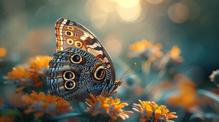 Naklejka premium Butterfly eyes amidst colorful wings, fine details in a magical garden setting