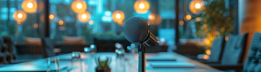 Microphone stands poised at business gathering, ready to amplify success against odds
