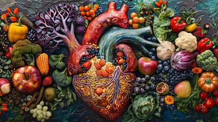 Nutritional food for heart health wellness by cholesterol diet and healthy nutrition eating with clean fruits, vegetables, fish and grains supporting heart arteries