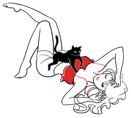 黒猫とじゃれる女性