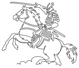一筆描き-竿立ちした馬を駆る騎馬武者