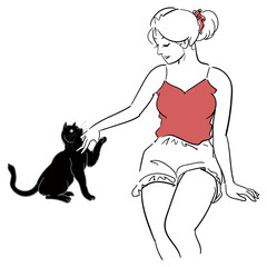 黒猫と遊ぶ女性