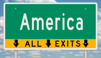 Green and yellow highway sign with black arrows for AMERICA