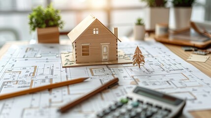 A minimalist bright image of a detailed financial plan spread out on a table with a small house model and calculator