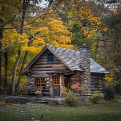 Cozy Log Cabin Surrounded by Autumn Foliage in Tranquil Forest