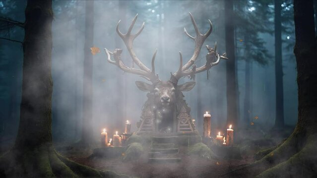 Explore the sinister secrets of the forest as you encounter a satanic sacrificial altar, its unsettling décor of deer heads and candles captured in haunting detail in this 4K video
