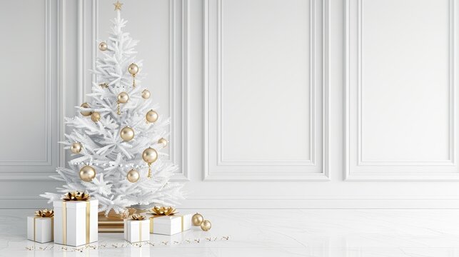 Elegant white christmas scene with golden baubles and presents creating festive holiday background
