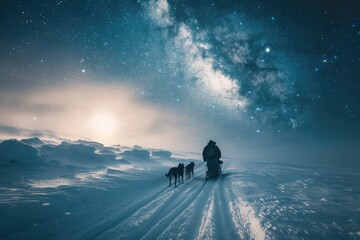 Frozen journey, person with sled of dogs traverses snowy antarctica, an epic adventure through icy landscapes with loyal canine companions, exploring the remote and pristine wildernes - obrazy, fototapety, plakaty